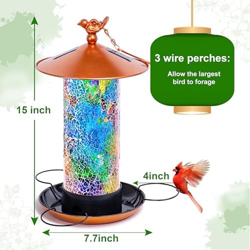 XDW-GIFTS Mosaic Solar Wild Bird Feeder, Waterproof Lantern Shape with S-Hook & 4 LED Lights, Garden Decor for Lawn, Patio, Balcony, Yard Ornament - Unique Gifts for Mom, Women, Grandma, Bird Lovers