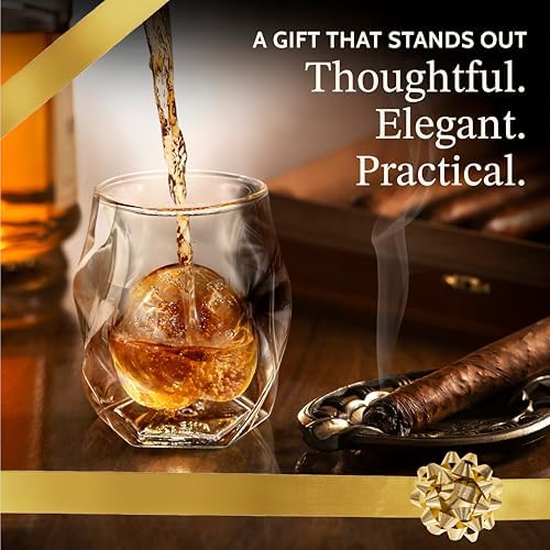 JAMES BENTLEY JB Whiskey Glasses, Set of 2 + 2 Slow-Melting Ice Ball Molds | Hand-blown insulated 6oz double-wall borosilicate glass, bourbon