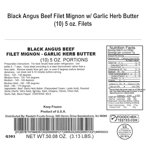 Rastelli's Black Angus Beef Filet Mignon Steaks (10 ct) 5 oz Portions, With Butter, 3.125 lbs. Total