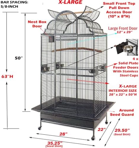 Large Elegance and Durable Wrought Iron Open Play Top Stand Bird Parrot Rolling Cage, Include Metal Seed Guard Solid Metal Feeder Nest Door (White Vein, 24.0" L x 22.0" W x 63.0" H)