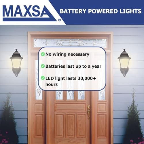 Maxsa 44219 Premium Wireless Battery-Powered Motion-Activated Decorative Outdoor Wall Sconce Lighting Fixture, Cool White LED, Metal Housing, Black