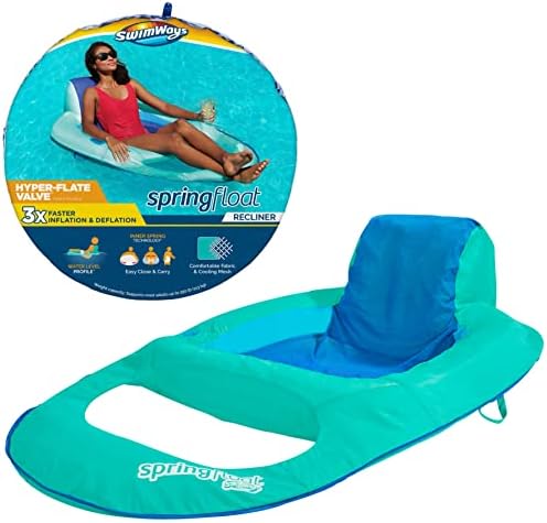 SwimWays Spring Float Recliner Chair for Swimming Pool, Inflatable Pool Floats Adult with Fast Inflation, Cup Holder & Foot Rest for Ages 15 & Up