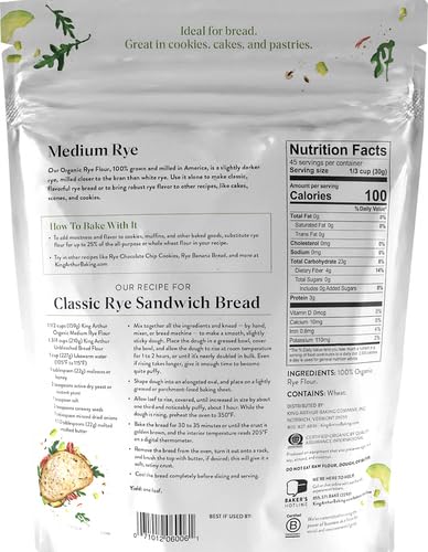 King Arthur Organic Medium Rye Flour - 3 lbs for Complex Flavorful Breads & Baked Goods - 100% US Grown & Milled - Non-GMO Project Verified - Robust