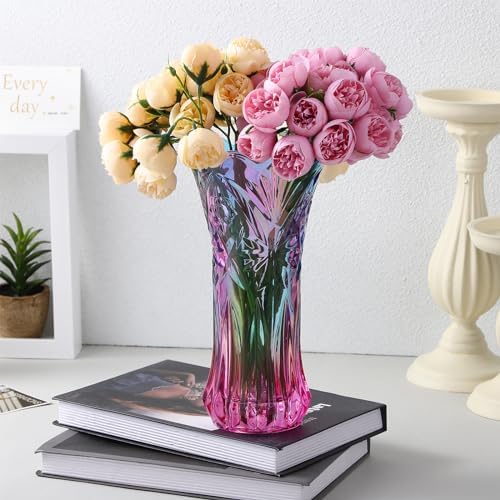 Rainbow Glass Vase Wide Mouth Glass Colorful Vase for Bookshelf Dinner Table Indoor Office Desktop Meeting Room Bathroom Countertop Iridescent