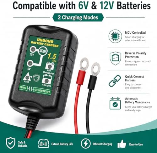 Unocho 6V/12V Battery Charger Maintainer 1.5A Automatic Trickle Charger Smart Float Charger for Car Motorcycle Lawn Mower Boat ATV Snowmobile