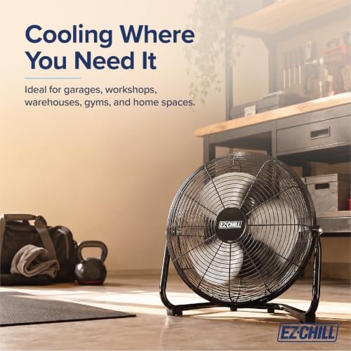 EZ-CHILL 12” Cradle Floor Fan, 3 Speed, High Velocity, 180 Degree Adjustable Tilt, All-Metal, Carry Handle, Rubber Feet, Airflow 15.42 ft/sec, Ideal for Home, Bedroom & Office, Black