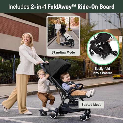 Ingenuity 3D Travelmate Pro Lightweight Travel Stroller with Fold-Away Ride-On Board for Toddlers, Airplane Overhead Bin Compatible, Car Seat Ready, One-Hand Fold