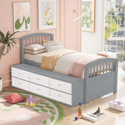 Merax Twin Size Platform Storage Bed Solid Wood Bed with 6 Drawers