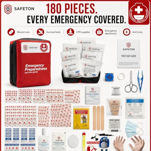 Safeton 180-Piece First Aid Kit, Portable Emergency Preparedness Medical Supply Bag for Home, Car, Travel, Camping, Hiking and Outdoor Activities