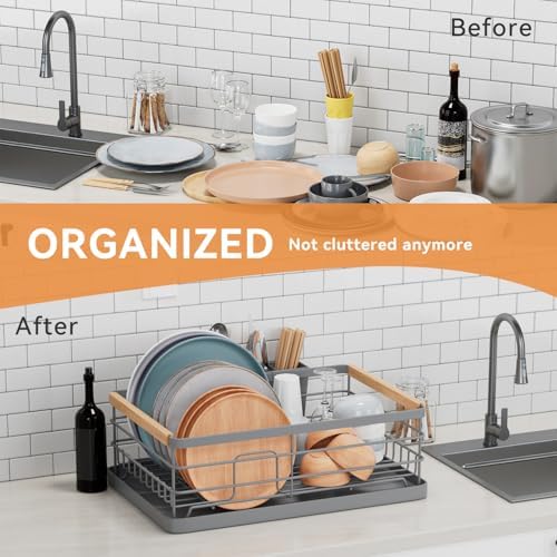 BRIAN & DANY Dish Drying Rack, Dish Racks for Kitchen Counter, Stainless Steel Dish Drainer with Removable Cutlery Holder & Drainboard, White