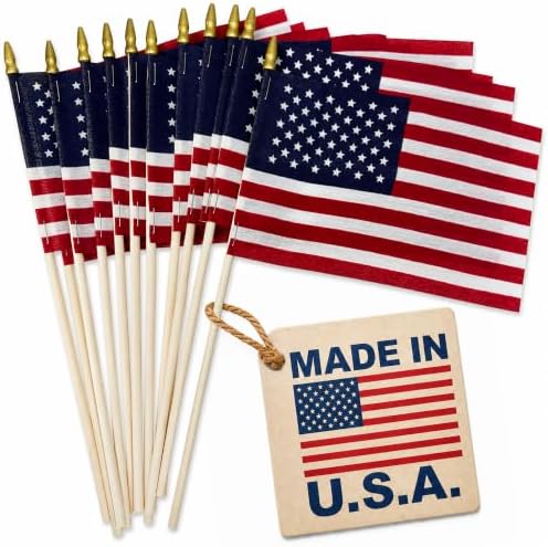 Set of 12, Proudly Made in U.S.A. Small American Flags 4x6 Inch/Small US Flag/Mini American Stick Flag/American Hand Held Stick Flags Spear Top