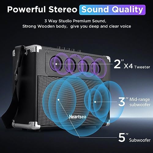 HEARTSEA Portable Karaoke Machine with Wireless Mics, Bluetooth Speaker | 3-Way Sound, TWS Stereo Pairing, Guitar Input, USB/AUX