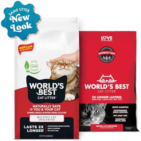 World's Best Cat Litter, Multiple Cat, Unscented, Lasts 2X Longer, 8 lb Bag | Controls tough multi-cat odors and lasts 2x longer; natural corn litter, quick clumping, flushable, 99% dust free