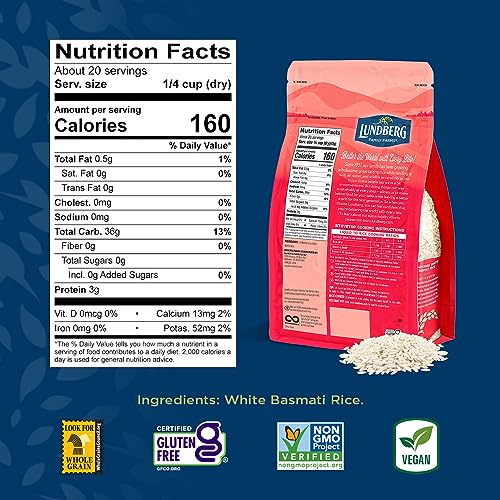 Lundberg Basmati Rice, Long Grain White Rice - Non-Sticky, Fluffy, Nutty, Aromatic Rice, Vegan Food, Healthy Meals