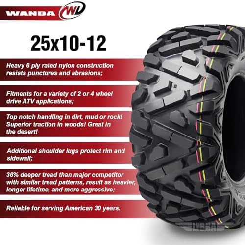 WANDA Set 2 ATV UTV Tire AT 25x10-12 25x10x12 6PR Power-Trail 10165 | POWER-TRAIL Series Classic Solid Non-Direction Lugs Cover All Terrains