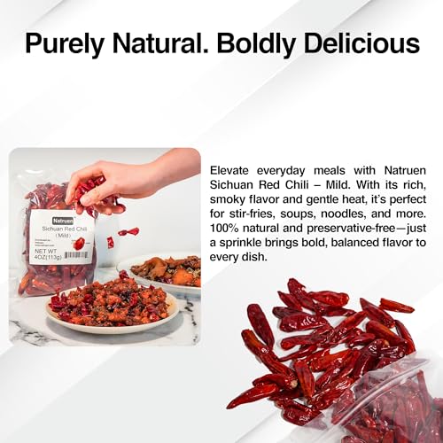 Natruen Dried Sichuan Red Chili Pods 4 oz, Medium Hot, Whole Chilies