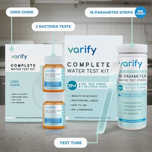 Varify 17in1 Complete Drinking Water Test Kit - 100 Strips + 2 Bacteria Tester Kits - Well, Tap, Home, City Water Testing Strip for Lead, Alkaline