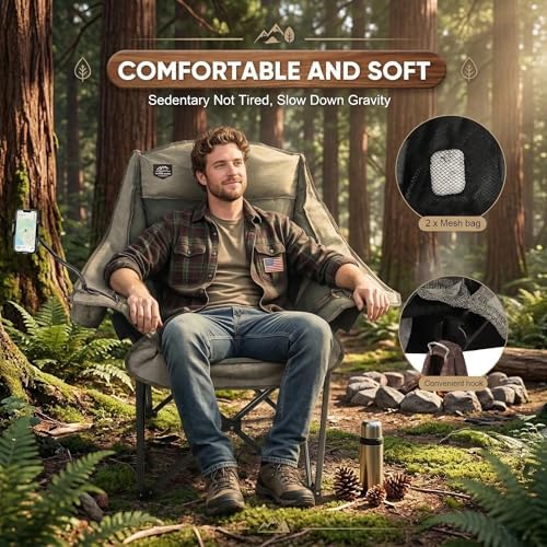 Oversized XL Folding Camping Chair,Heavy Duty Support 400Lbs,Large Comfy Padded Camp Chair for Adults,Lawn Arm Chair w/Cup Holder,Phone Holder,Carry Bag Perfect for Outdoor (Brown
