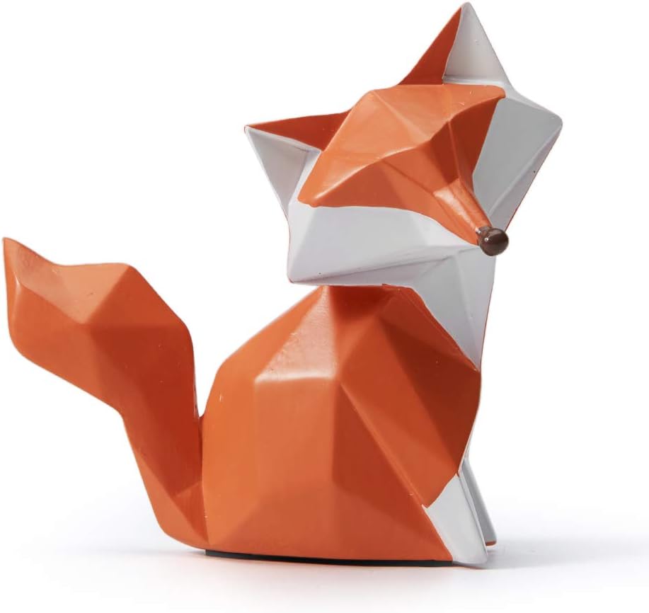 HAUCOZE Fox Statue Figurine Animal Sculpture Modern Home Decor 4.0 Inch | Orange Resin Geometric Art Birthday Holiday Gift Handmade Ornament for