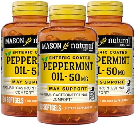MASON NATURAL Peppermint Oil 50 mg Enteric Coated Softgels, 90 Day Supply | 50mg pure peppermint oil, enteric coated to dissolve in the intestines, to ease bloating & gas and support normal digestion