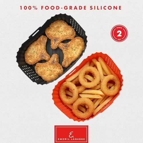 Reusable Silicone Air Fryer Liners for Emeril Lagasse Air Fryer Oven – Non-Stick Reusable Air Fryer Basket Liners – Dishwasher Safe – 9 x 7 x 3 Inch – 2 Pack – Black