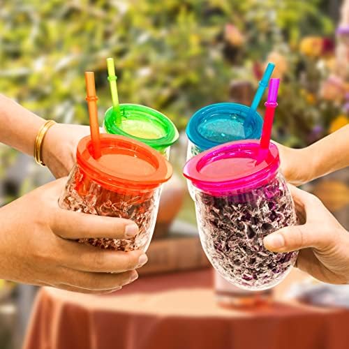 Cute Shape Frosty Freezer Ice Mugs with Straw Clear 11.8oz Set of 4(Red, green, blue and orange) (Oval)