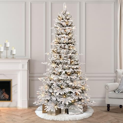 Puleo International 7.5ft Pre-Lit Slim Flocked Aspen Fir Christmas Tree with 450 Clear Lights, 1016 Realistic Dense Snow Flocked Branch Tips, Easy Setup Artificial Trees with Sturdy Metal Stand