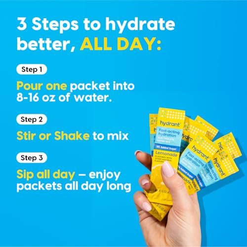 Hydrant Hydrate No Added Sugar, Individual Hydration Electrolyte Powder Stick Packets with Zero Sugar and Electrolytes for Rapid Hydration (Lemonade