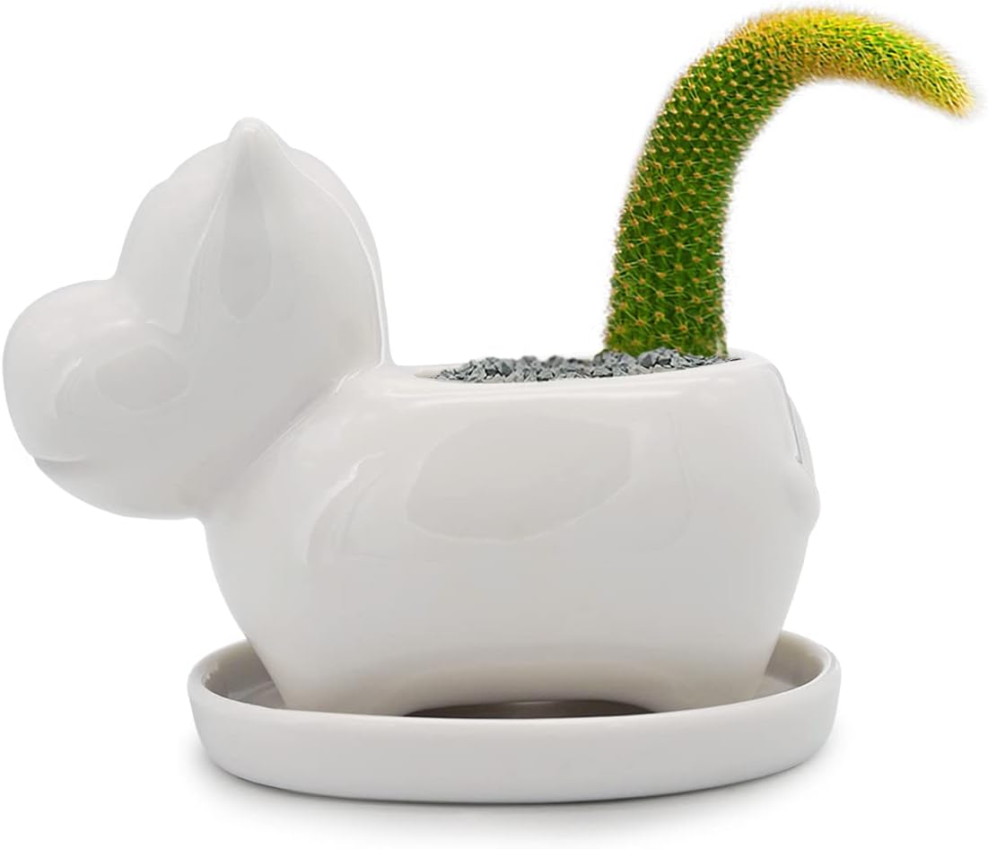 GeLive White Cow Succulent Pot, Small Ceramic Animal Planter with Drainage Hole & Saucer for Cactus, Mini Air Plants, Pencil Holder Brush Organizer, Indoor Home Office Desk Decor, Funny Gift