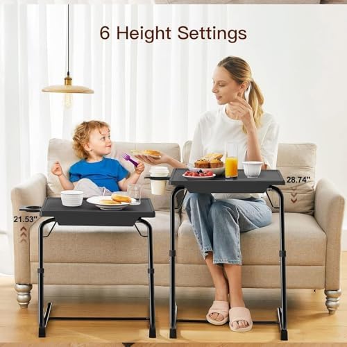 HUANUO TV Trays Set of 2, TV Tray with 6 Height & 3 Tilt Adjustments, Black | 21.53" - 28.74" Height Range, Foldable, Cup Holder