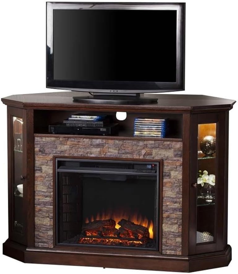 Southern Enterprises Rollins Convertible Corner Infrared Electric Media Fireplace 52" Wide, Espresso Finish and Faux Stone
