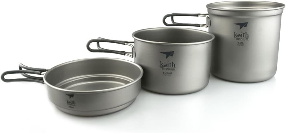 Keith Ti6014 Grade 1 Pure Titanium 3-Piece Pot and Pan Set