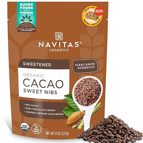 Navitas Organics Cacao Nibs – Unsweetened Dark Chocolate Crunch – Antioxidants, Minerals, Fiber – For Trail Mix, Baking & More – USDA Organic, Fairtrade, Non GMO, Gluten Free, Non-alkalized (8oz. Bag 76 Servings)