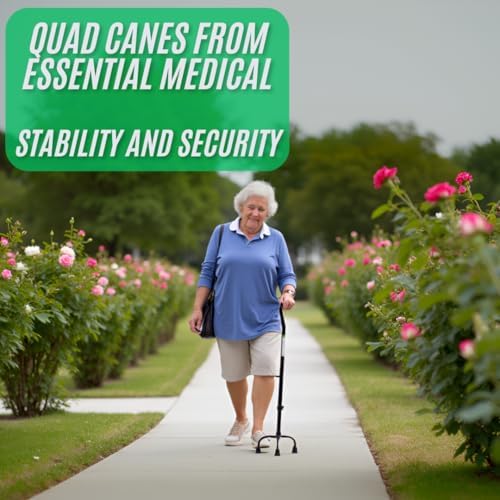 Essential Medical Supply Small Base Quad Cane in Black - Height Adjustable Walking Cane, Sturdy and Durable Walking Cane for Improved Mobility and Stability with 4 Prong Base and Rubber Tips