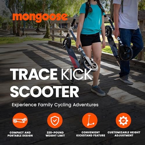 Mongoose Trace Kick Scooter for Youth Adult Boys and Girls, Quick-Release, Lightweight & Easy Folding Scooter, Bike Style Grips