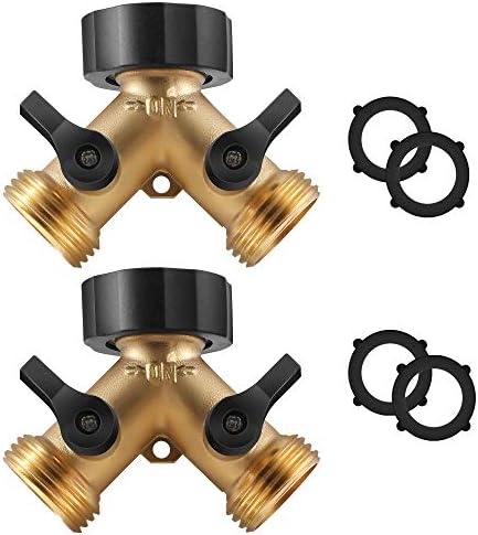 IPOW Brass Heavy Duty 2 Way Y Valve Garden Hose Splitter Adapter High Flow Spigot Splitter + 6 Rubber Hose Washers with Comfort Grip Use