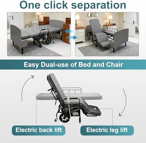 Electric Lift Bed for Elderly, Remote Control Adjustable Bed with 5.91" Mattress, Quiet Motor and Removable Tray, Zero Gravity Position Bed Frame Suitable for Hospital/Home Care