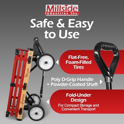 Millside Convertible Wood Wagon Cart with 4 Flat-Free Tires and Sleigh Runners for Outdoor Hauling Through Snow, Red, 16" x 34"