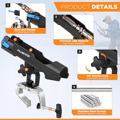 PLUSINNO Rod Holders for Fishing Boat Adjustable Pole Rod Holder | Universal Fit Most Fishing Rod, with Rod Protective Strap, Large Clamp Opening 360°, Horizontal Vertical Compatible