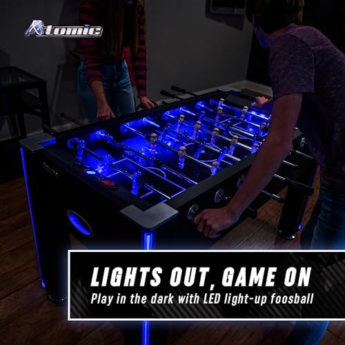Atomic Azure LED Foosball Table – Light Up Arcade Style Table with In-Rail LED Lighting, Music, Electronic Scoring, Glow Foosball
