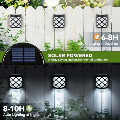 GIGALUMI 8 Pack Solar Fence Light Cold White Porch Solar Powered Decor Outdoor Waterproof Wall Fence Lights for Garden, Yard, Patio, Front Door