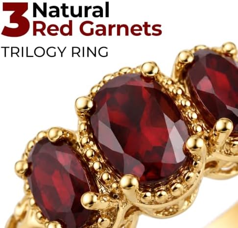 3 Stone Garnet Ring Silver with 14K Gold Plating January Birthstone Ring