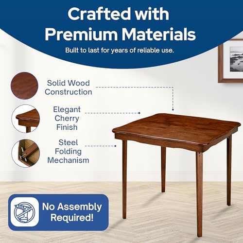Stakmore Stylish Durable Versatile Square Folding Table, Cherry | Solid Wood Scalloped Edge Compact Traditional Card Table for Home Use