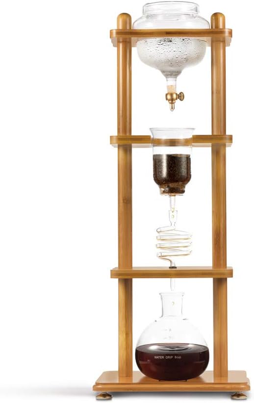 Yama Cold Brew Maker I Ice Coffee Machine With Slow Drip Technology I Makes 6-8 cups (32oz), Large Capacity Cold Brew Coffee Tower, Brown Wood Curved Frame