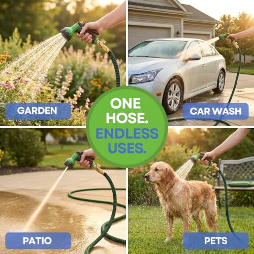 J&B XpandaHose 75ft Expandable Garden Hose, Lightweight, Brass Connectors | Ultra Strong 3750D fabric, 4-layer latex core, expands 3X, kink & leak-resistant, 10-pattern nozzle, storage bag