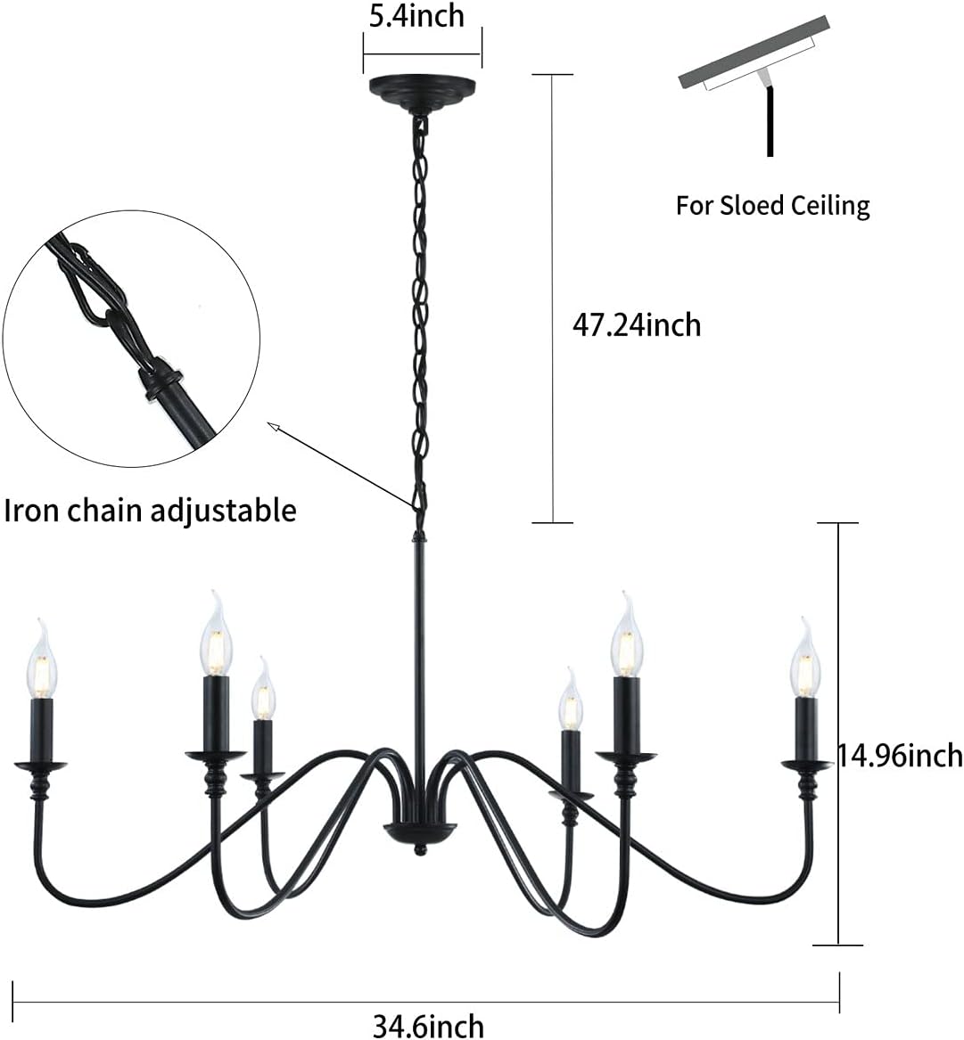 Miluolan Black Chandelier, 6-Light Farmhouse Chandelier for Dining Room | Rustic iron candelabra with adjustable 47.24" chain. Fits sloped ceilings