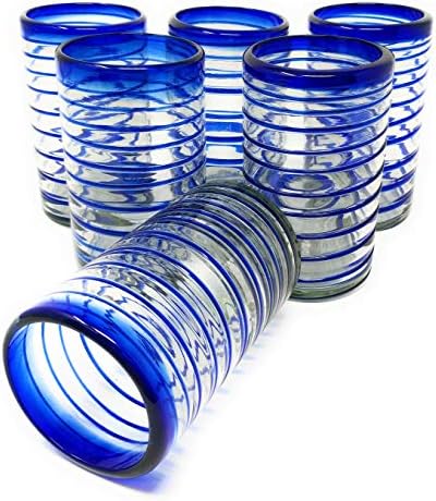 Hand Blown Mexican Drinking Glasses – Set of 6 Glasses with Cobalt Blue Spiral Design (14 oz each)