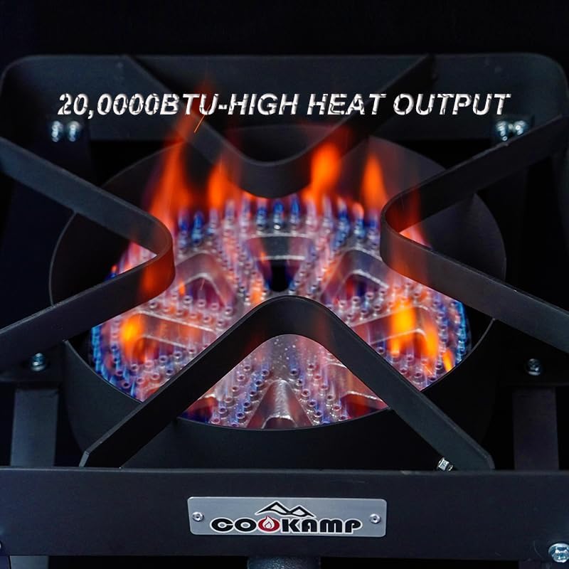 COOKAMP High Pressure 200000 BTU Banjo 1-Burner Outdoor Propane Burner Gas Cooker with 0-30 PSI Adjustable Regulator and Steel Braided Hose (Balck)