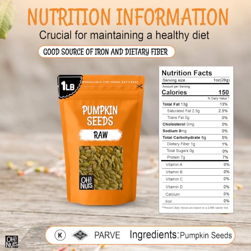Oh! Nuts Raw Pumpkin Seeds Unsalted Pepitas 1 Pound - 100% Natural | Raw pumpkin seeds unsalted - 100% natural organic pepitas to eat - No shell - Packed in NY - Resealable zip-seal bag
