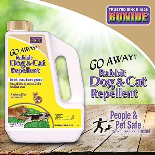 Bonide Go Away! Rabbit, Dog, & Cat Repellent Granules, 3 lbs Ready-to-Use, Keep Dogs off Lawn, Garden, Mulch & Flower Beds | Ready-to-Use, Keep Dogs off Lawn, Garden, Mulch & Flower Beds